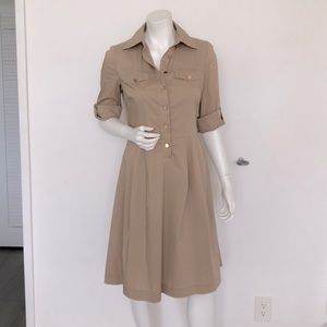 Tory Burch tan shirt dress midi, 3/4 sleeves, gold buttons, side pockets, size 4